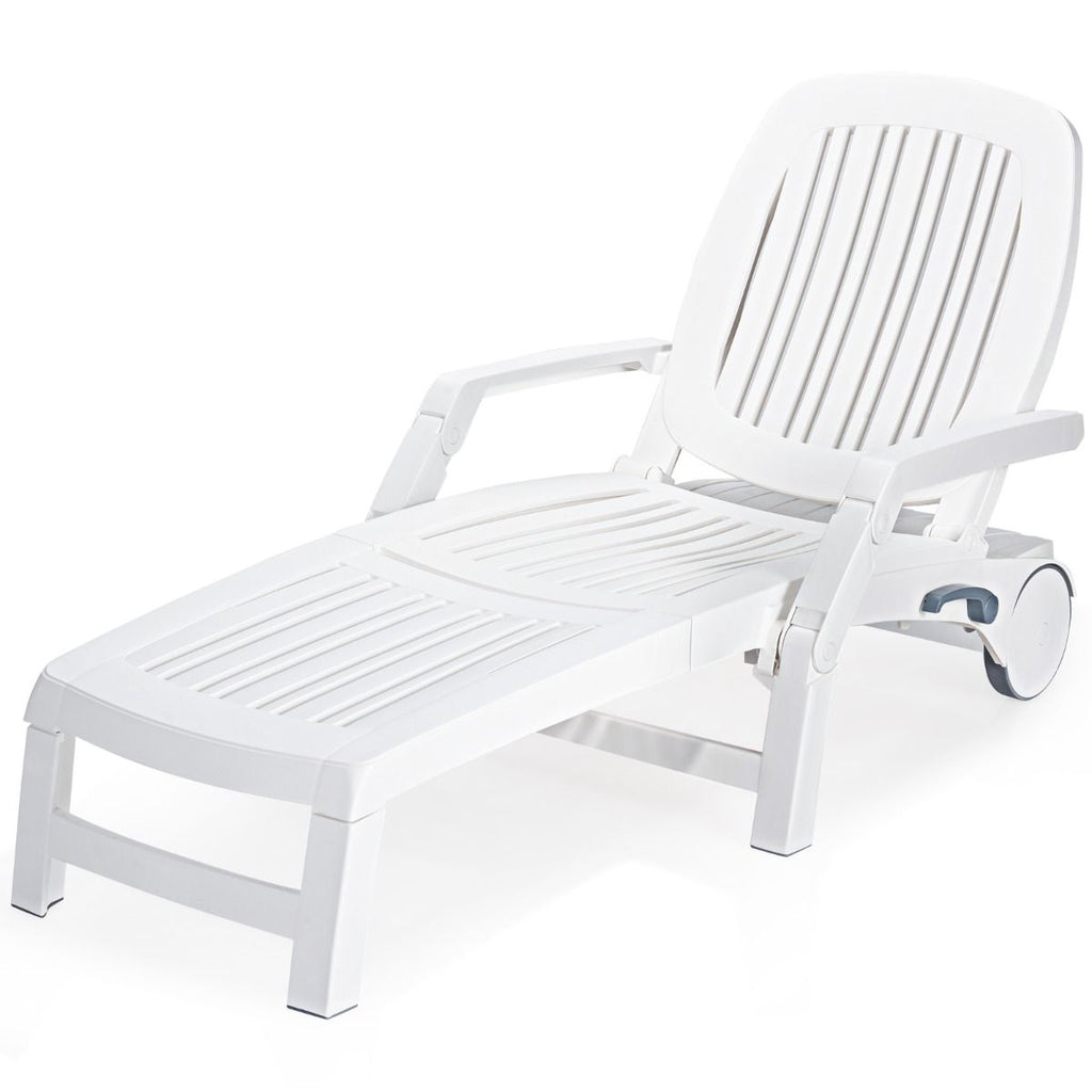 Chaise Longue Inclinable Réglable à 5 Positions avec Roues Flexibles Fauteuil Relax de Camping avec Boîte de Rangement Charge 150KG Blanc