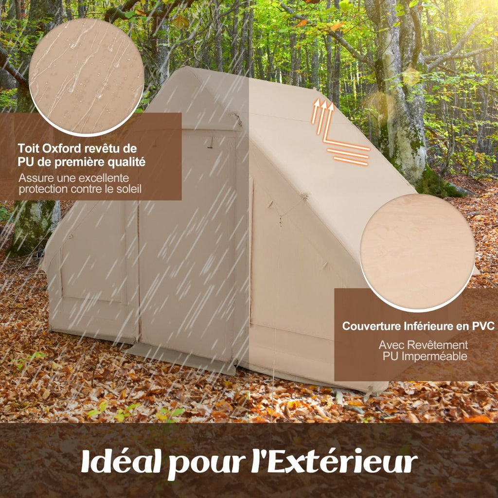 Tente de Camping Gonflable 6 m² pour 4-6 Personnes Tente en Coton Coupe-vent et Imperméable avec Pompe 7 Fenêtres à Moustiquaire Beige