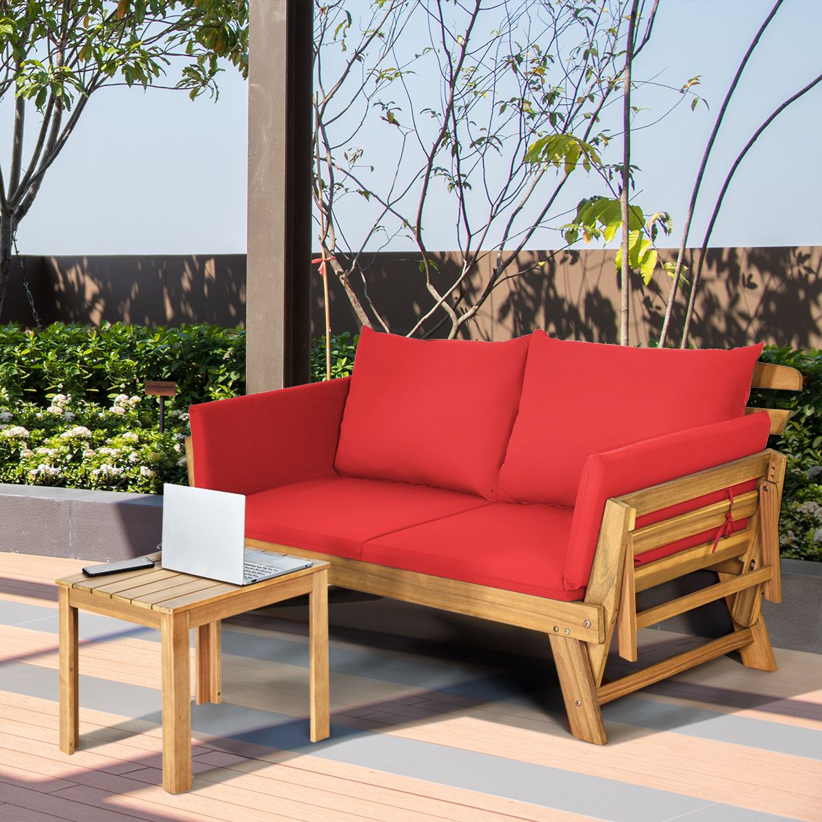 Chaise Longue Convertible avec Coussin Canapé de Jardin 2 en 1 en Bois d’Acacia avec Accoudoir Réglable pour Patio Piscine Jardin Blanc/Gris/Bleu/R...
