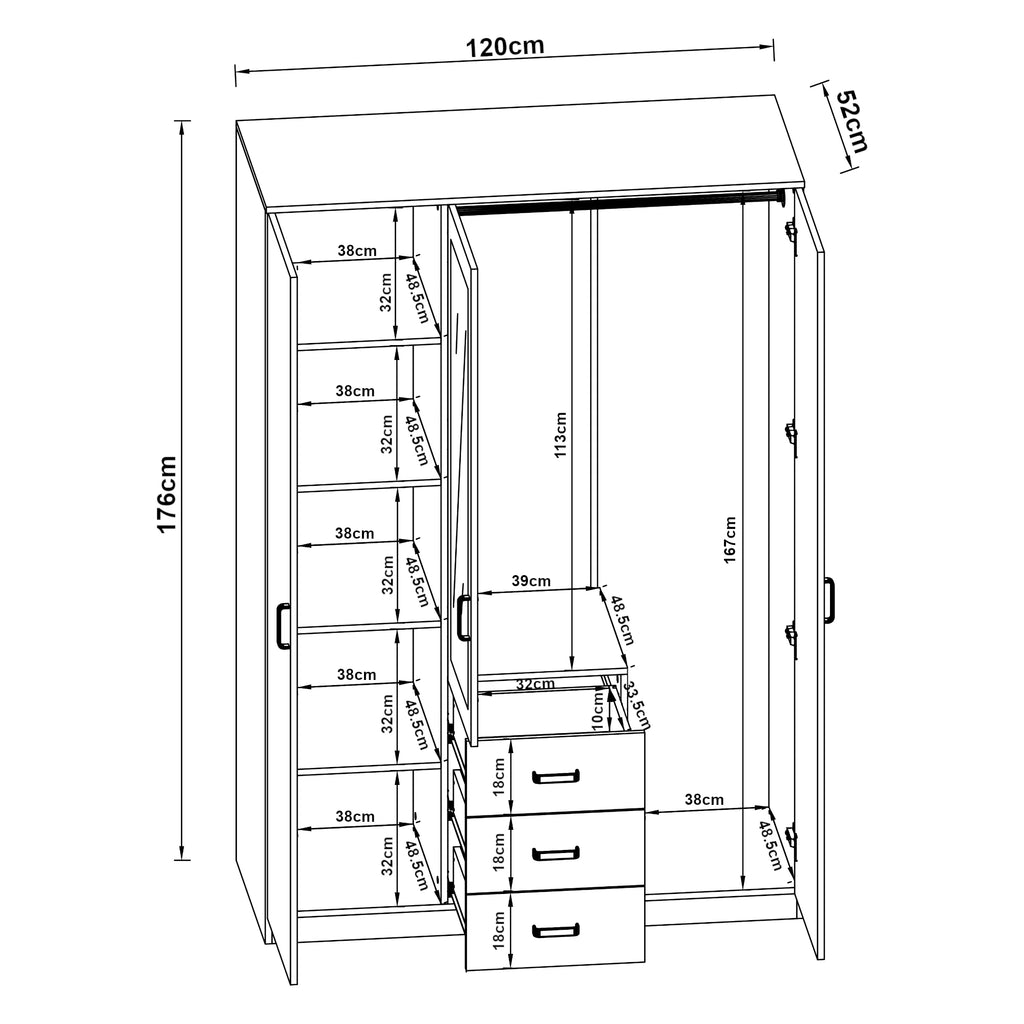 Armoire de chambre garde-robe moderne meuble de rangement intemporel 5 étagères 3 tiroirs + miroir MDF 176 x 120 x 52 cm effet chêne sonoma 03_0006369