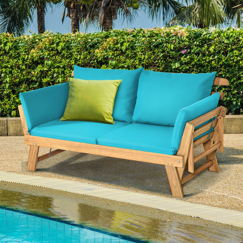 Chaise Longue Convertible avec Coussin Canapé de Jardin 2 en 1 en Bois d’Acacia avec Accoudoir Réglable pour Patio Piscine Jardin Blanc/Gris/Bleu/R...