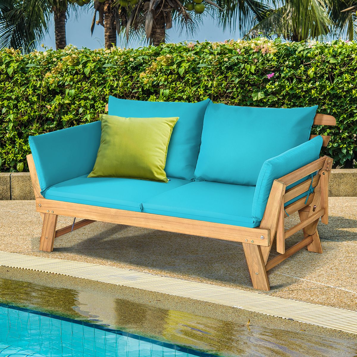 Chaise Longue Convertible avec Coussin Canapé de Jardin 2 en 1 en Bois d’Acacia avec Accoudoir Réglable pour Patio Piscine Jardin Blanc/Gris/Bleu/R...