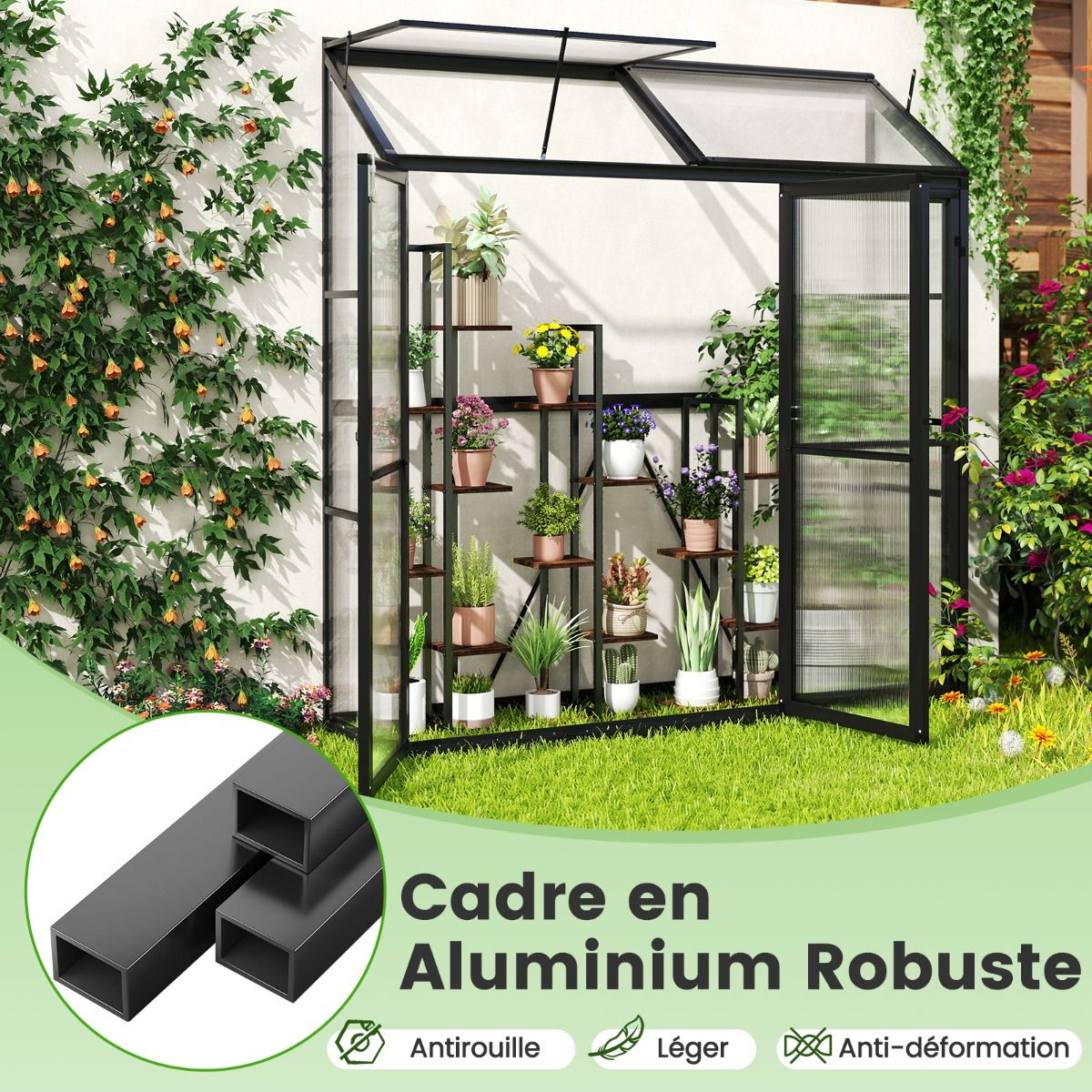 Serre de Jardin Extérieure en Aluminium Serre Mini Walk-in avec Lucarne et 3 Portes Fermables Plaques PC Résistantes au Soleil Noir