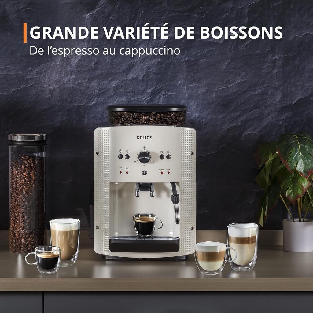 Krups Machine à café grain, 1,7 L, 2 tasses en simultané, Nettoyage automatique, Buse vapeur pour Cappuccino, Cafetière espresso, Essential noire Y...