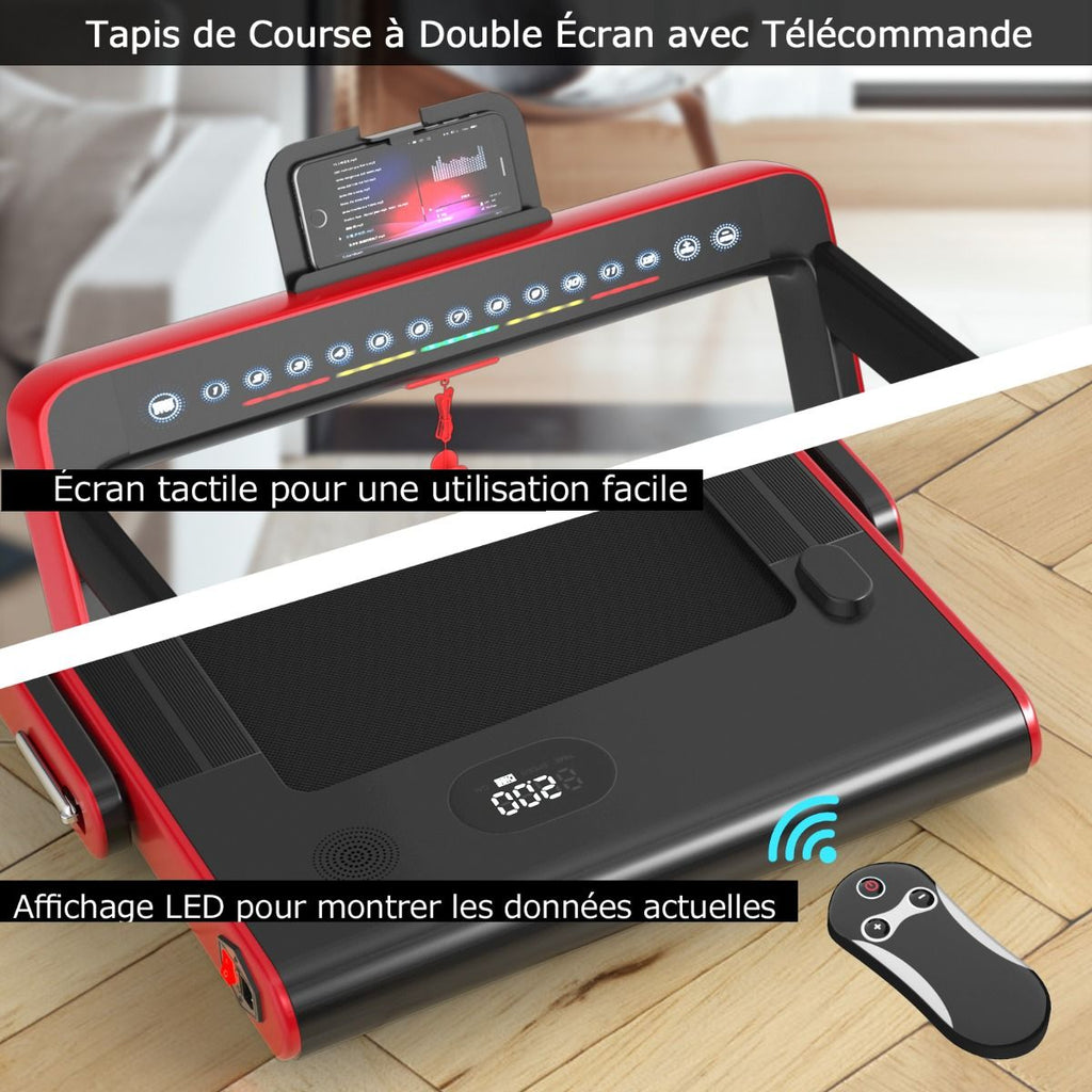 Tapis de Course Pliable 0,75HP Double Affichage LED APP et Télécommande Vitesse Motorisé 12 km/h Surface 40x100cm Rouge