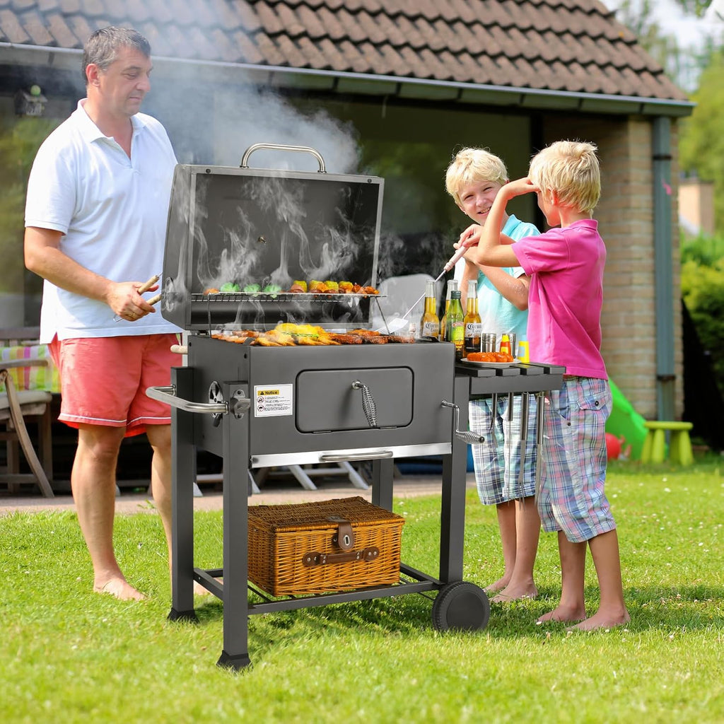 Barbecue Charbon de Bois XL, Chariot à Barbecue, Grill XL à Charbon avec Couvercle, Roues et Thermomètre, Réglable en Hauteur, Grand Barbecue au Ch...