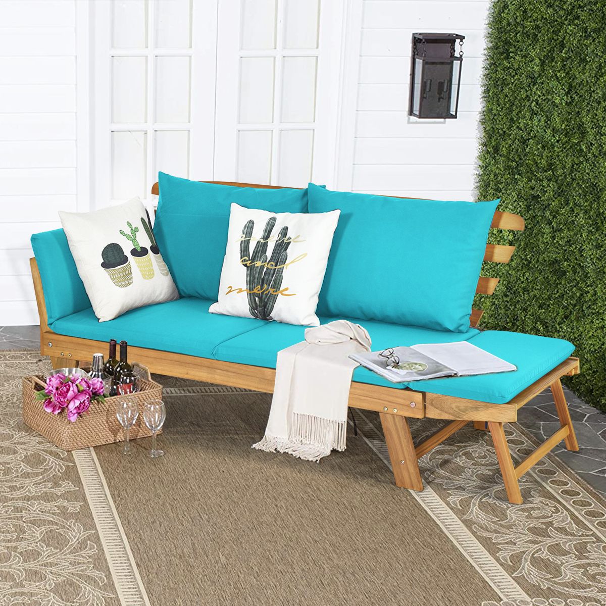 Chaise Longue Convertible avec Coussin Canapé de Jardin 2 en 1 en Bois d’Acacia avec Accoudoir Réglable pour Patio Piscine Jardin Blanc/Gris/Bleu/R...