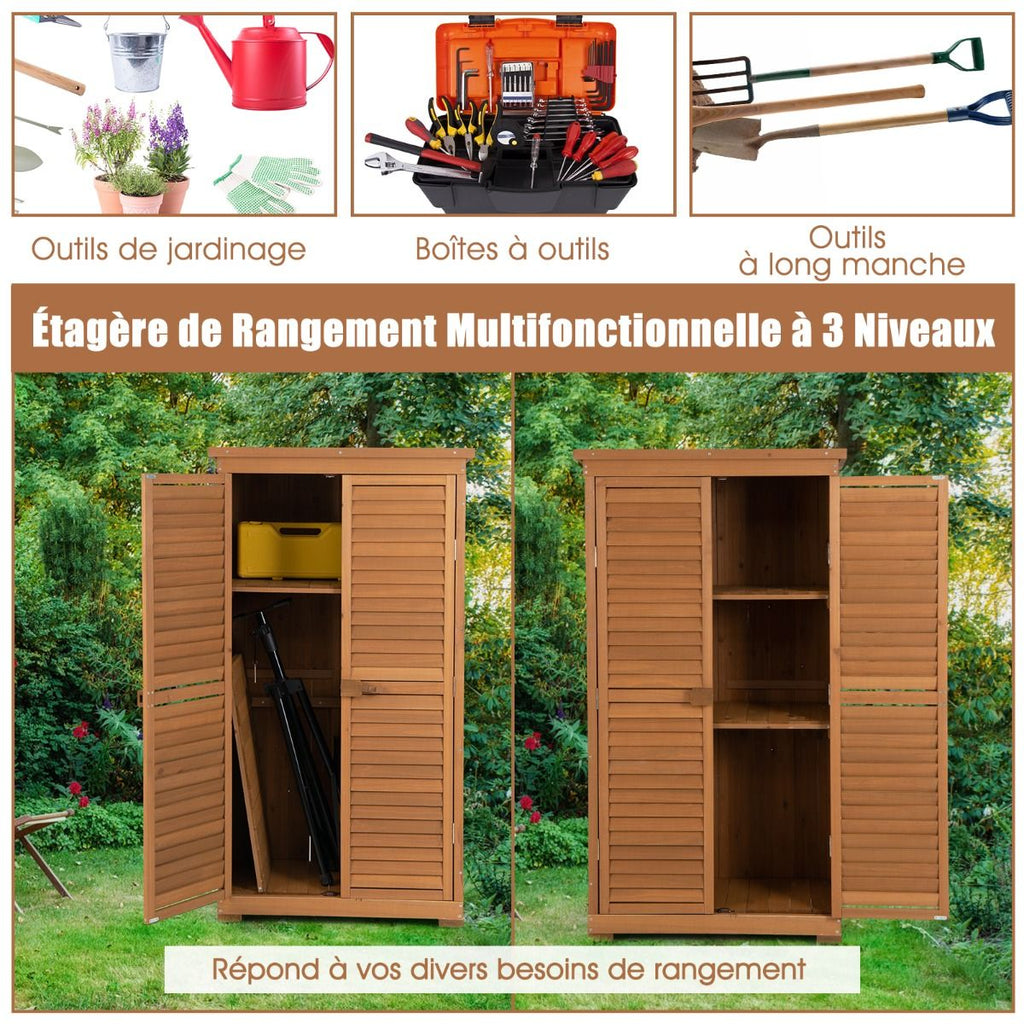 Abri de Jardin En Bois 160 Cm Toit en Asphalte 2 Portes Verrouillables avec Loquet Armoire Cabane en Sapin Pré-Huilé Imperméable 3 Étagères Amovibl...