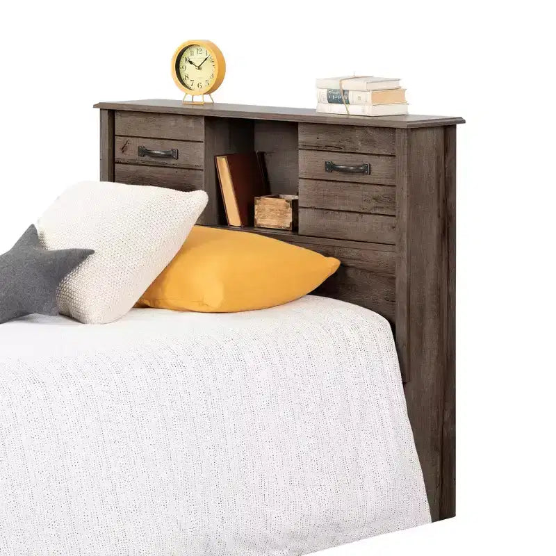 Tête de lit bibliothèque avec rangements et portes coulissantes pour chambre d'enfant
