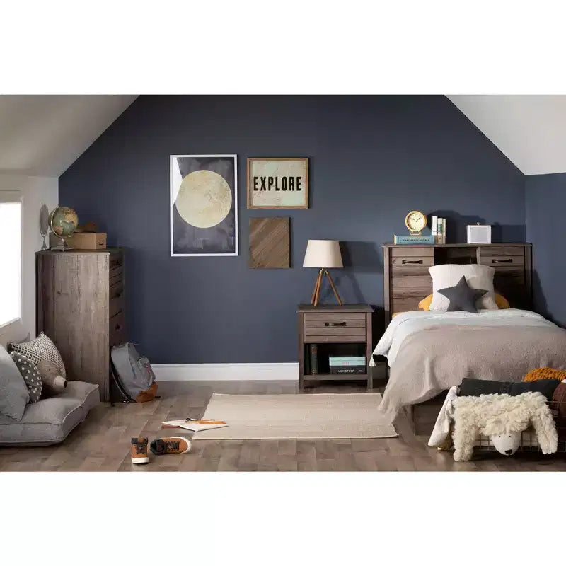 Tête de lit bibliothèque avec rangements et portes coulissantes pour chambre d'enfant