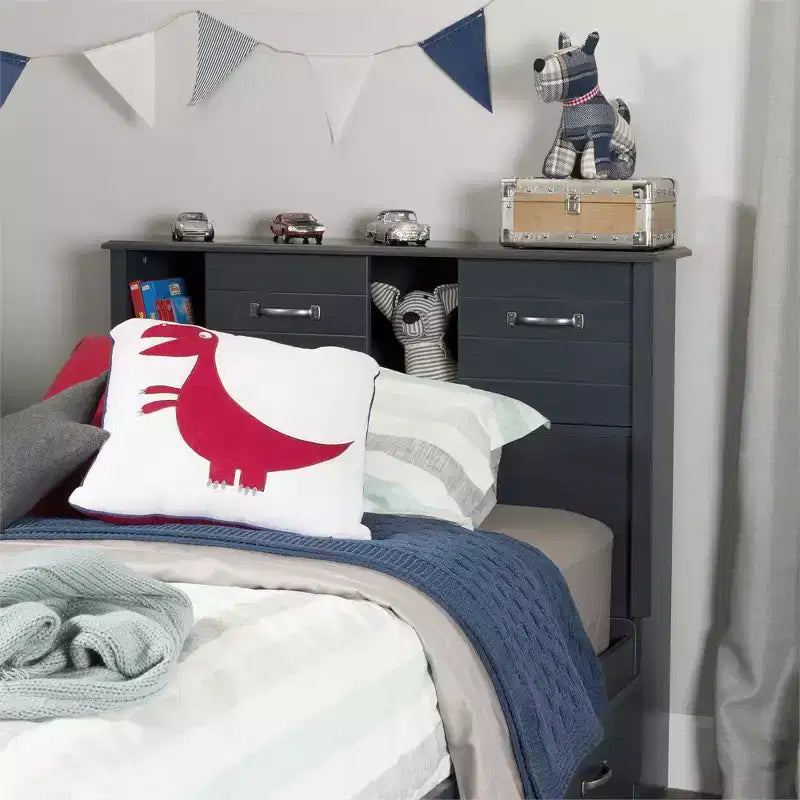Tête de lit bibliothèque avec rangements et portes coulissantes pour chambre d'enfant