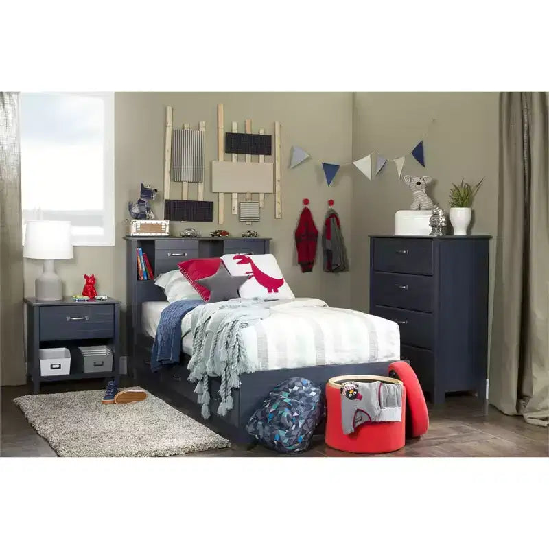 Tête de lit bibliothèque avec rangements et portes coulissantes pour chambre d'enfant