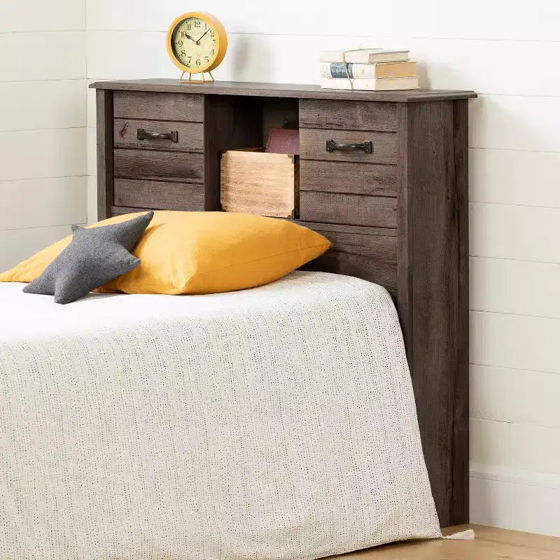 Tête de lit bibliothèque avec rangements et portes coulissantes pour chambre d'enfant
