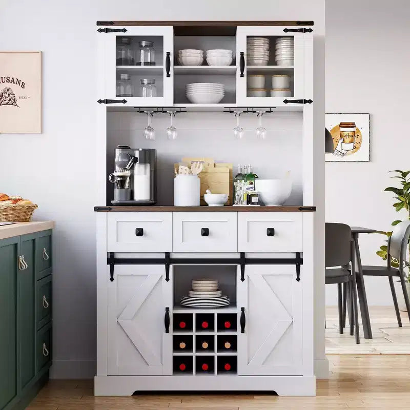 Meuble de cuisine haut de gamme avec porte coulissante, Buffet de cuisine avec support pour micro-ondes et 3 tiroirs