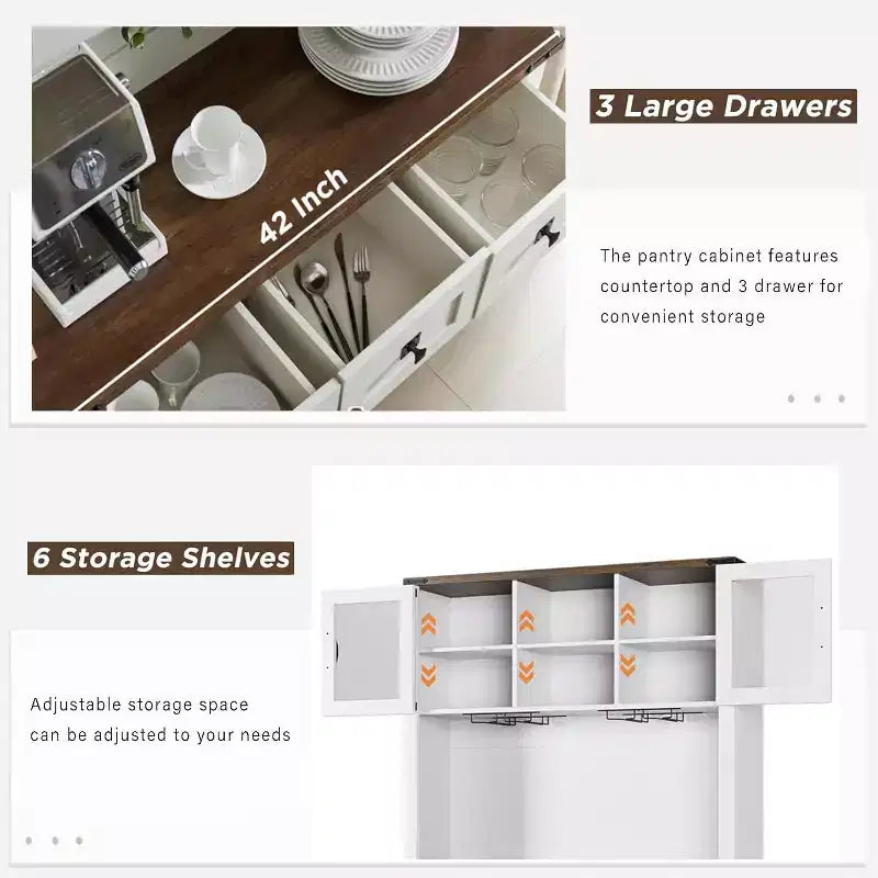 Meuble de cuisine haut de gamme avec porte coulissante, Buffet de cuisine avec support pour micro-ondes et 3 tiroirs