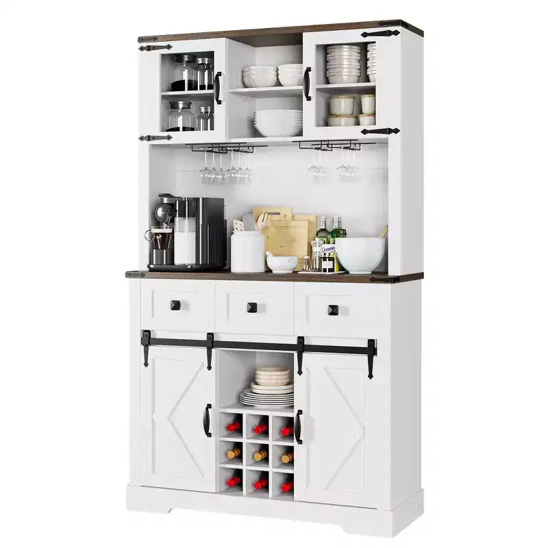 Meuble de cuisine haut de gamme avec porte coulissante, Buffet de cuisine avec support pour micro-ondes et 3 tiroirs