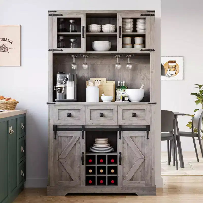 Meuble de cuisine haut de gamme avec porte coulissante, Buffet de cuisine avec support pour micro-ondes et 3 tiroirs