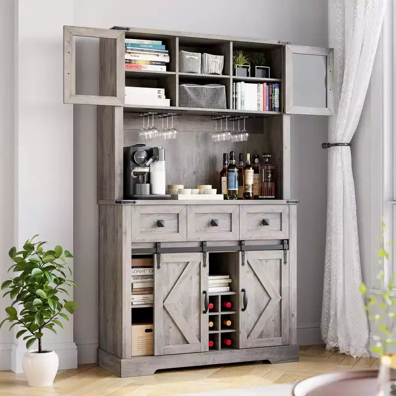 Meuble de cuisine haut de gamme avec porte coulissante, Buffet de cuisine avec support pour micro-ondes et 3 tiroirs