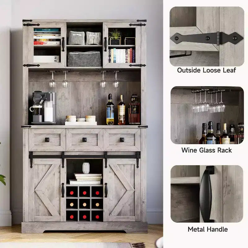 Meuble de cuisine haut de gamme avec porte coulissante, Buffet de cuisine avec support pour micro-ondes et 3 tiroirs