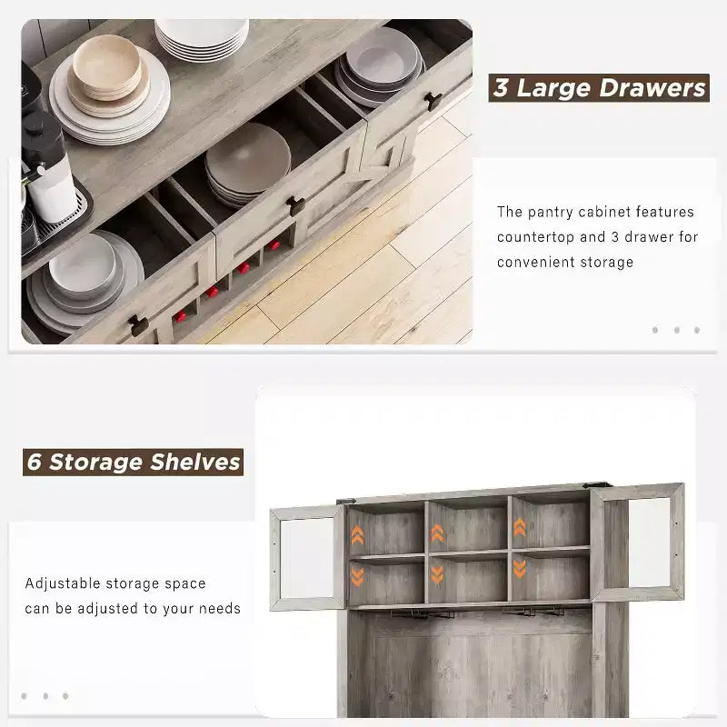 Meuble de cuisine haut de gamme avec porte coulissante, Buffet de cuisine avec support pour micro-ondes et 3 tiroirs
