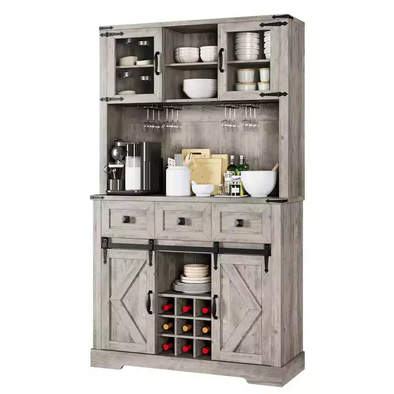 Meuble de cuisine haut de gamme avec porte coulissante, Buffet de cuisine avec support pour micro-ondes et 3 tiroirs