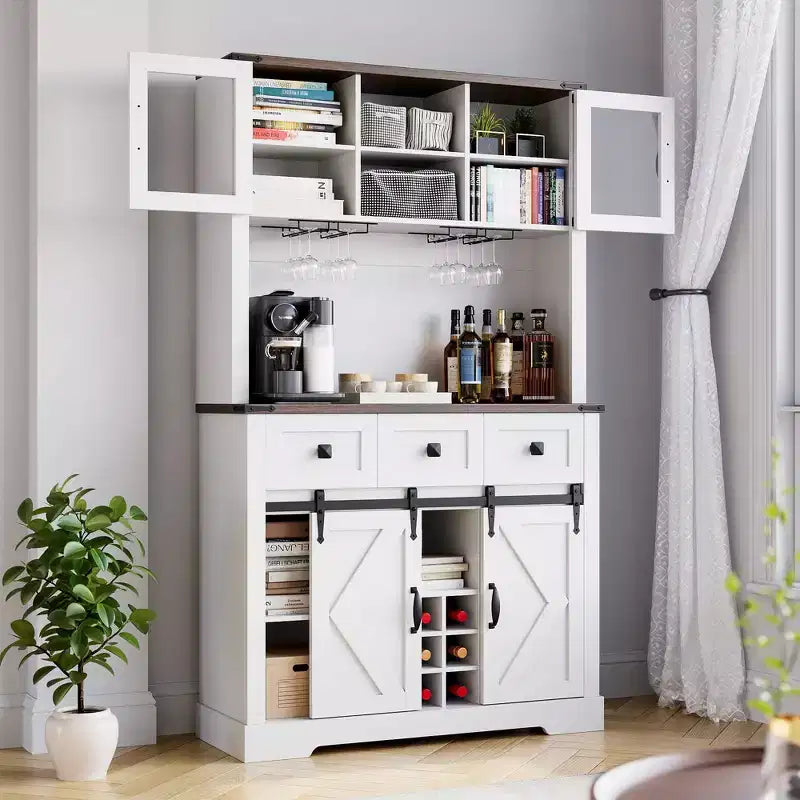 Meuble de cuisine haut de gamme avec porte coulissante, Buffet de cuisine avec support pour micro-ondes et 3 tiroirs