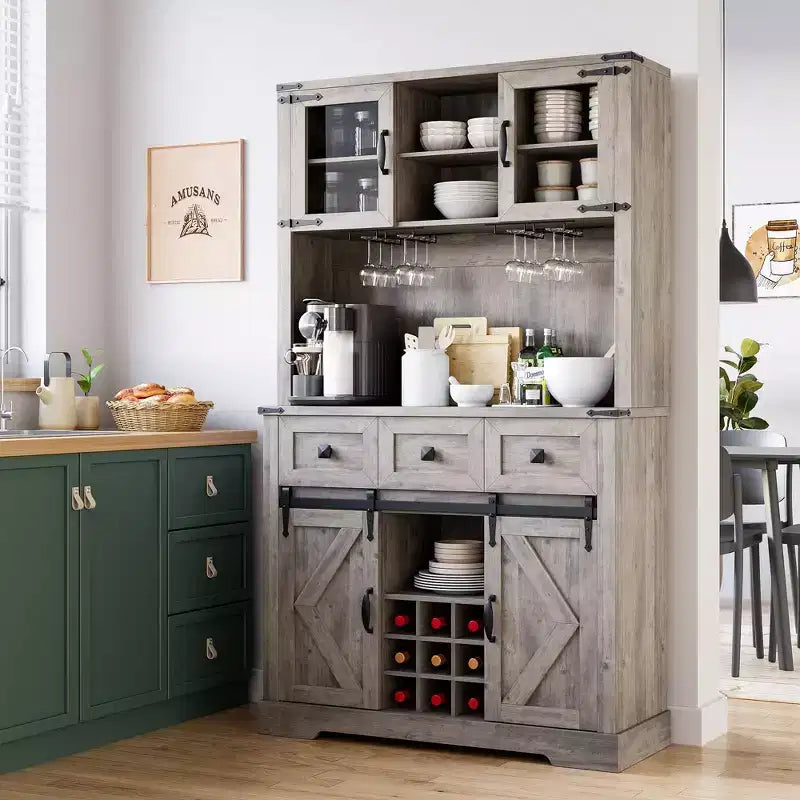 Whizmax 72 Tall Kitchen Pantry Cabinet, Kitchen Hutch Storage Cabinet with Sliding Barn Door, Buffet Sideboard with Microwave Stand and 3 Drawers
