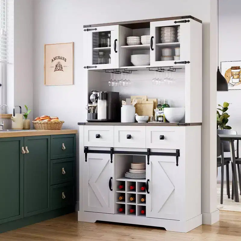 Meuble de cuisine haut de gamme avec porte coulissante, Buffet de cuisine avec support pour micro-ondes et 3 tiroirs