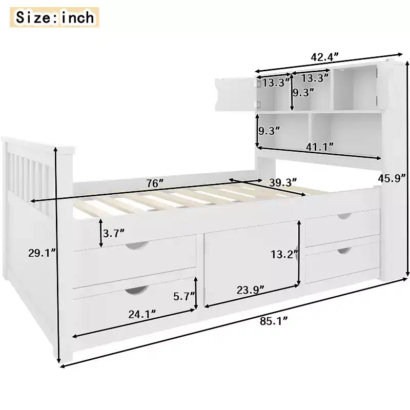 Cadre de lit plateforme simple capitaine avec bibliothèques de rangement, étagères, armoire et 4 tiroirs