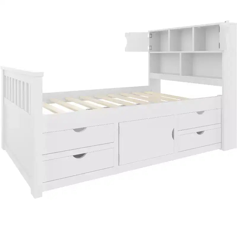 Cadre de lit plateforme simple capitaine avec bibliothèques de rangement, étagères, armoire et 4 tiroirs