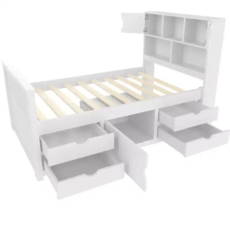 Cadre de lit plateforme simple capitaine avec bibliothèques de rangement, étagères, armoire et 4 tiroirs