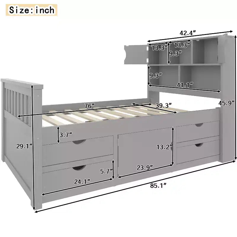 Cadre de lit plateforme simple capitaine avec bibliothèques de rangement, étagères, armoire et 4 tiroirs