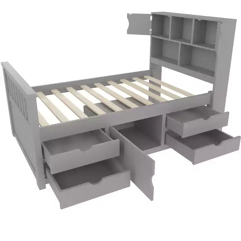 Cadre de lit plateforme simple capitaine avec bibliothèques de rangement, étagères, armoire et 4 tiroirs