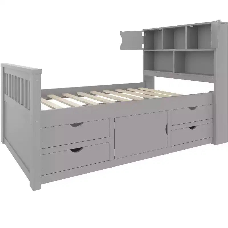 Cadre de lit plateforme simple capitaine avec bibliothèques de rangement, étagères, armoire et 4 tiroirs