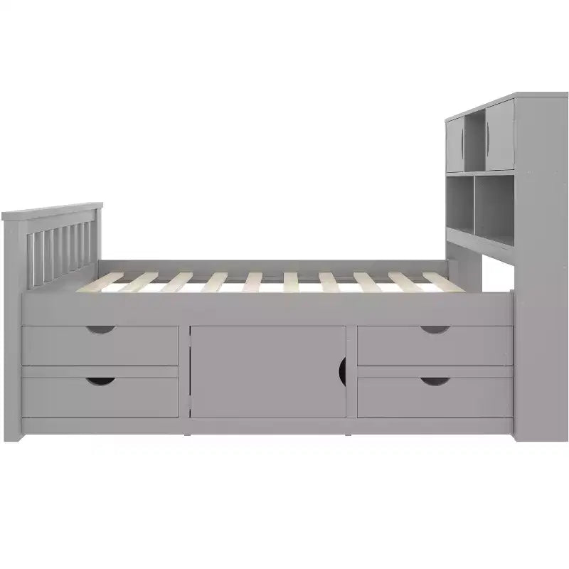 Cadre de lit plateforme simple capitaine avec bibliothèques de rangement, étagères, armoire et 4 tiroirs