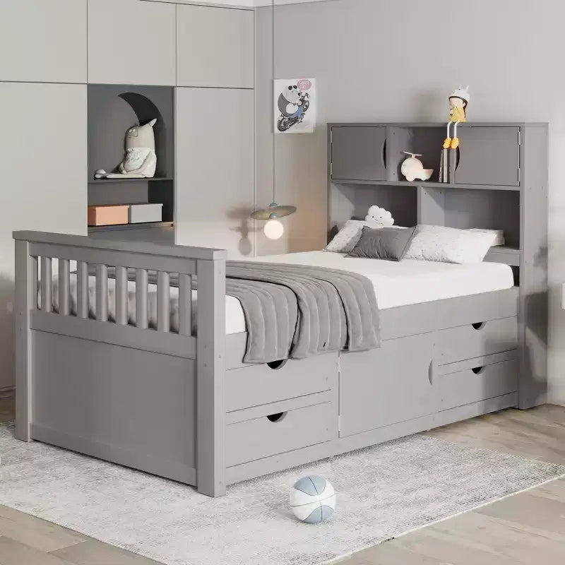 Twin Size Captain Platform Bed Frame with Storage Bookcases, Shelves, Cabinet and 4 Drawers-ModernLuxe