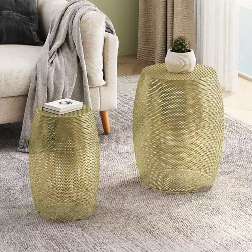 GDFStudio Emory 2 Piece Modern Round Metal Hollow Side Table Set, Gold
