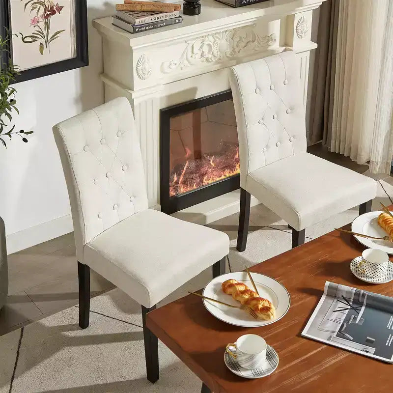 Lot de 2 chaises de salle à manger capitonnées, dossier haut capitonné, assise rembourrée et pieds en bois d'hévéa, chaises de salle à manger Café/Beige/Gris