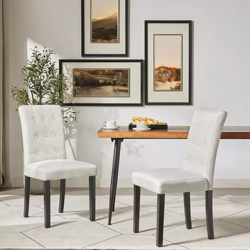Lot de 2 chaises de salle à manger capitonnées, dossier haut capitonné, assise rembourrée et pieds en bois d'hévéa, chaises de salle à manger Café/Beige/Gris
