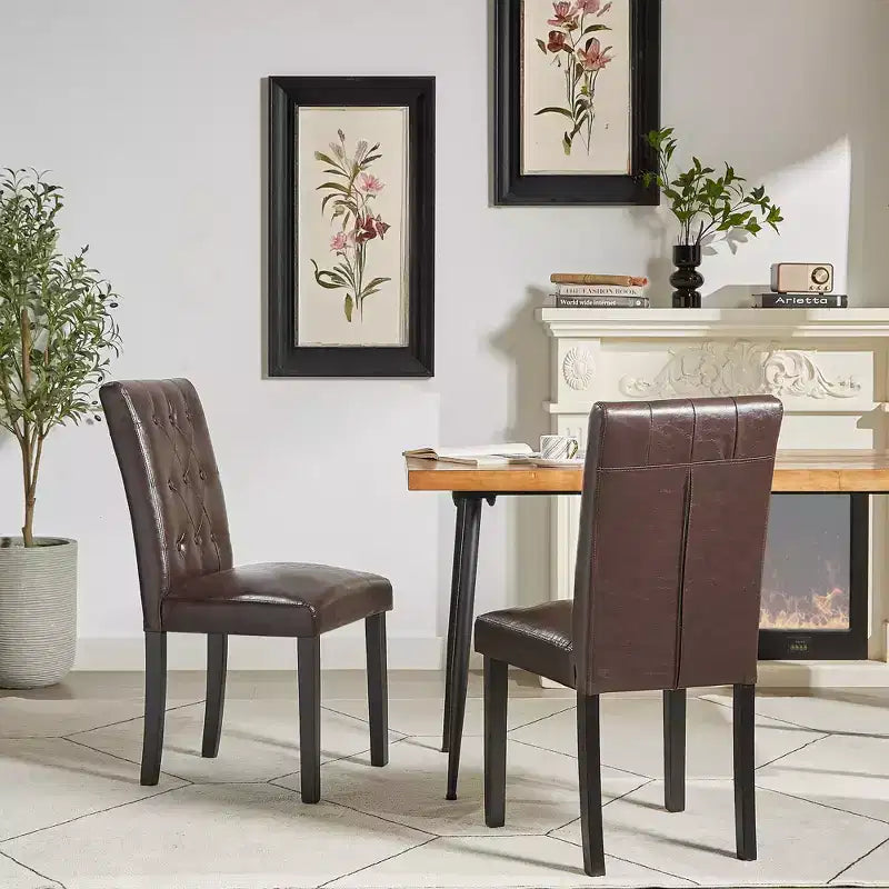 Lot de 2 chaises de salle à manger capitonnées, dossier haut capitonné, assise rembourrée et pieds en bois d'hévéa, chaises de salle à manger Café/Beige/Gris