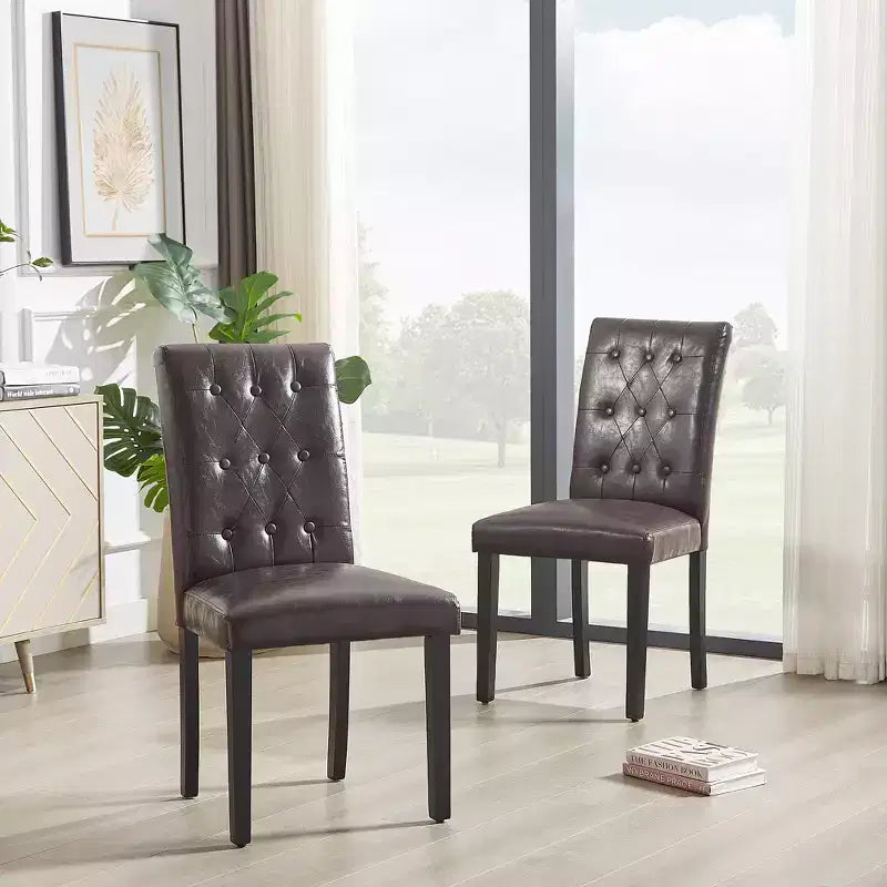Lot de 2 chaises de salle à manger capitonnées, dossier haut capitonné, assise rembourrée et pieds en bois d'hévéa, chaises de salle à manger Café/Beige/Gris