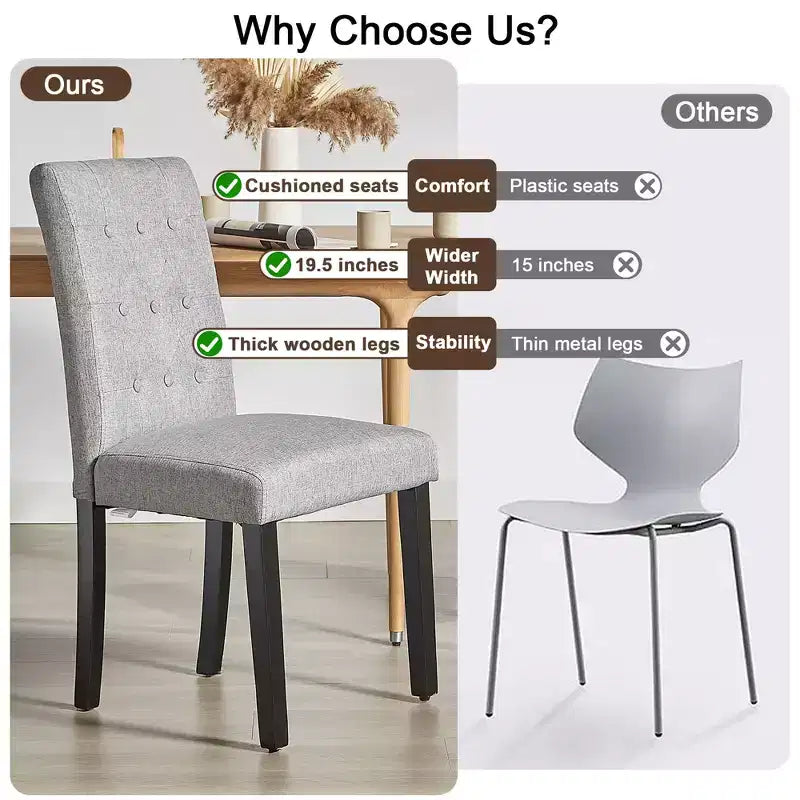 Lot de 2 chaises de salle à manger capitonnées, dossier haut capitonné, assise rembourrée et pieds en bois d'hévéa, chaises de salle à manger Café/Beige/Gris