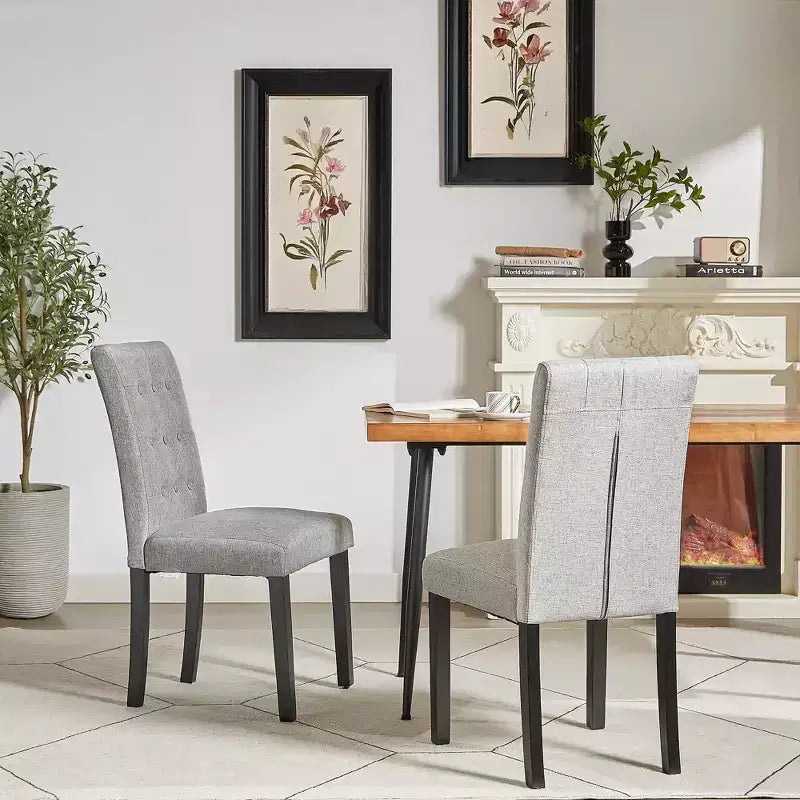Lot de 2 chaises de salle à manger capitonnées, dossier haut capitonné, assise rembourrée et pieds en bois d'hévéa, chaises de salle à manger Café/Beige/Gris