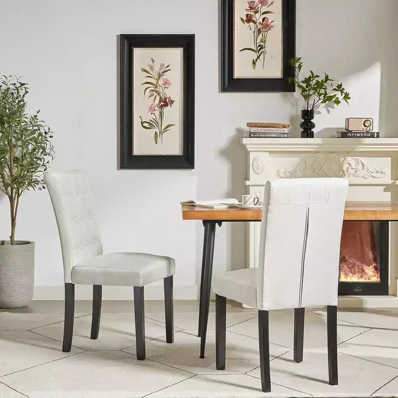 Lot de 2 chaises de salle à manger capitonnées, dossier haut capitonné, assise rembourrée et pieds en bois d'hévéa, chaises de salle à manger Café/Beige/Gris