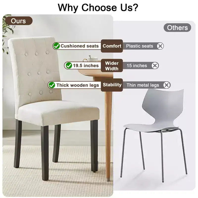 Lot de 2 chaises de salle à manger capitonnées, dossier haut capitonné, assise rembourrée et pieds en bois d'hévéa, chaises de salle à manger Café/Beige/Gris