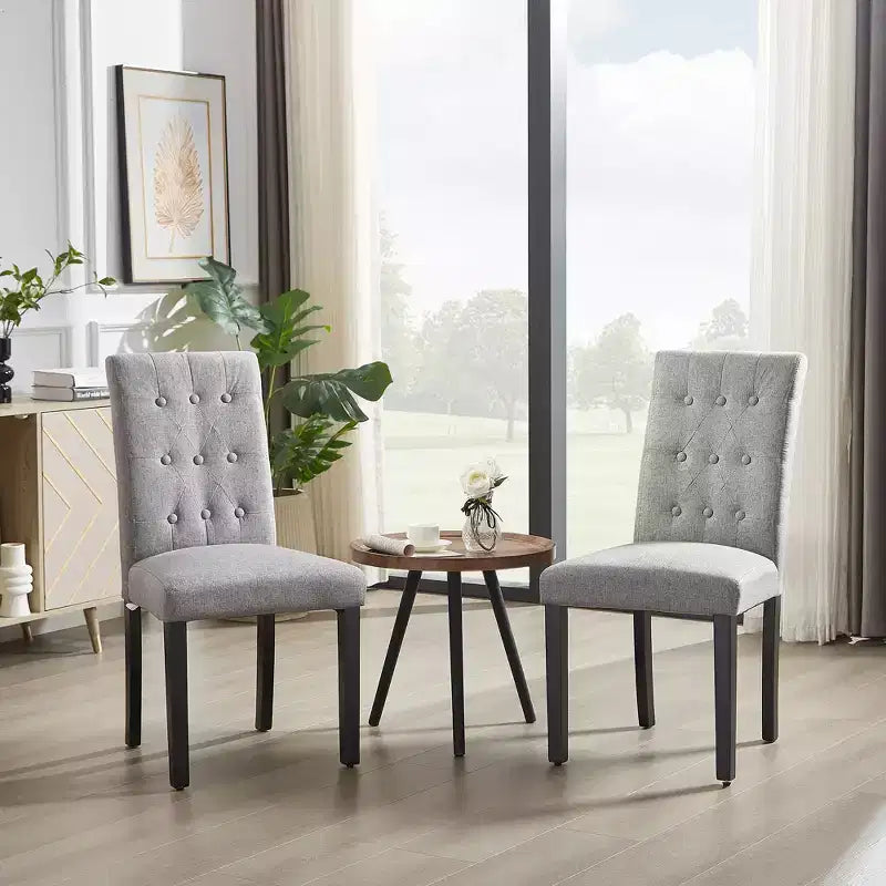 Lot de 2 chaises de salle à manger capitonnées, dossier haut capitonné, assise rembourrée et pieds en bois d'hévéa, chaises de salle à manger Café/Beige/Gris