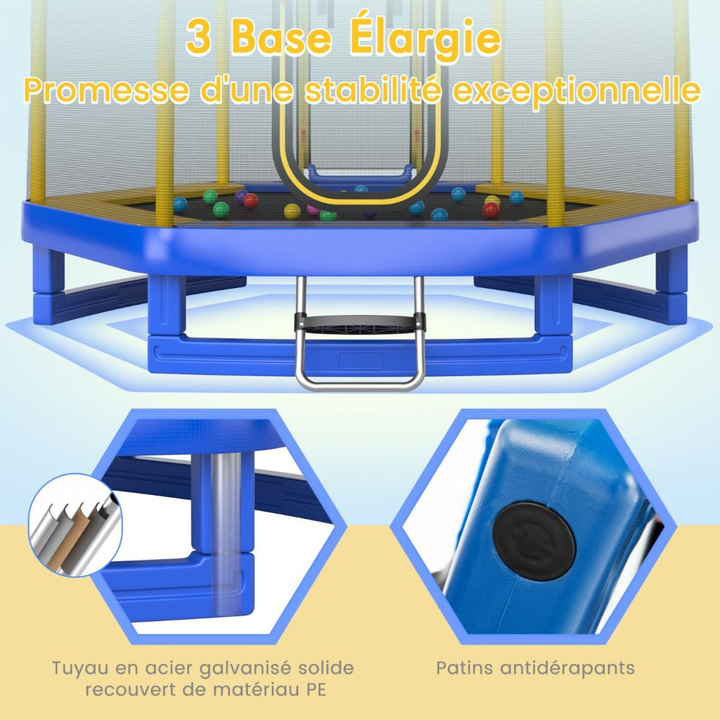 Trampoline Extérieur Ø 223cm avec Toboggan&Echelle avec Filet de Sécurité 2 Portes en U Charge 270kg pour 2-3 Enfants de 3 Ans+ Bleu/Vert