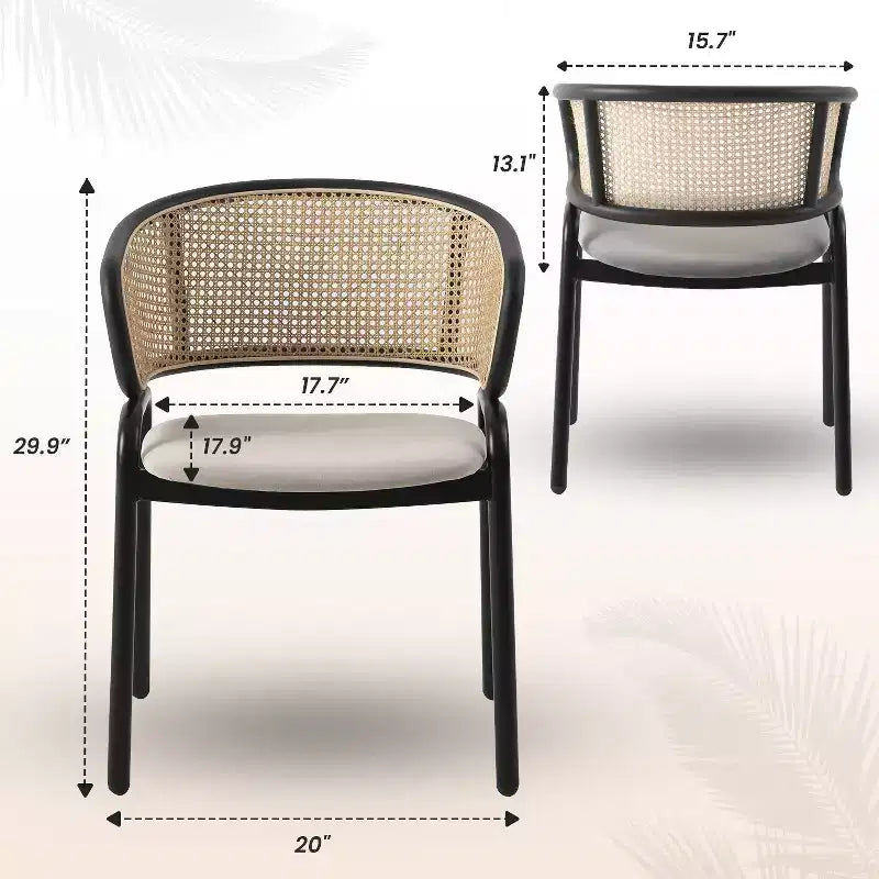 Chaise de salle à manger en osier avec assise en cuir et structure en acier noir, assise confortable pour les salles à manger et les cuisines