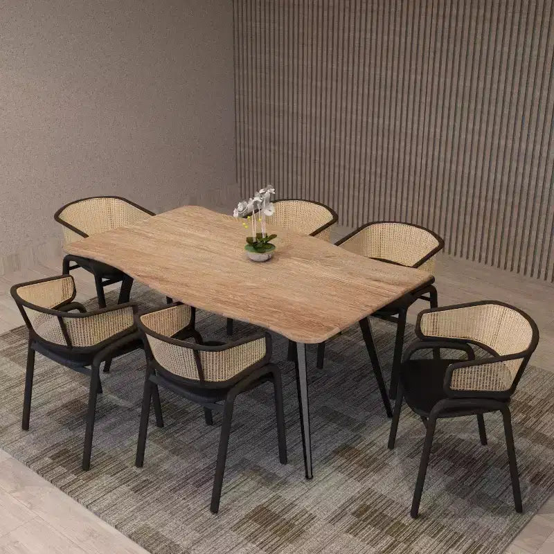 Chaise de salle à manger en osier avec assise en cuir et structure en acier noir, assise confortable pour les salles à manger et les cuisines