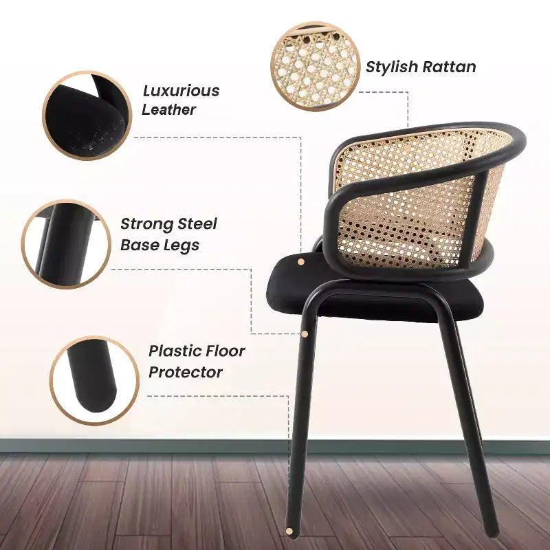 Chaise de salle à manger en osier avec assise en cuir et structure en acier noir, assise confortable pour les salles à manger et les cuisines